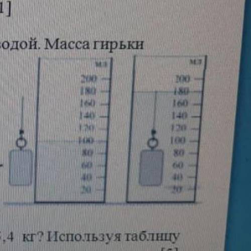На рисунке показана гирька,помещённая в мензурку с водой.Масса гирьки 160г