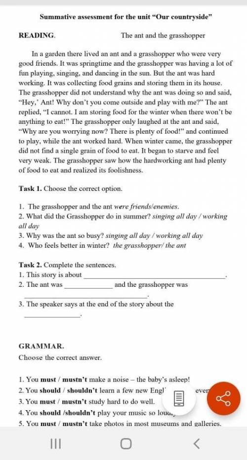 Complete the sentences. The ant and the grasshopper 