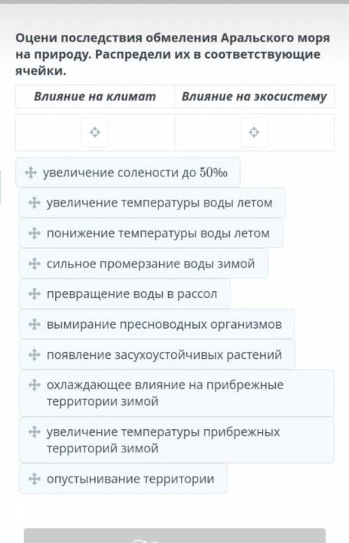 А Оцени последствия обмеления Аральского моря на природу. Распредели их в соответствующие ячейки.