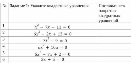 Задание 1: Укажите квадратные уравнения Поставьте «+» напротив квадратных уравнений 