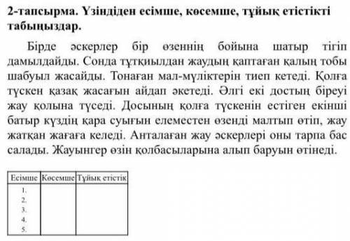 2-тапсырма. Үзіндіден есімше, көсемше, тұйық етістікті табыңыздар