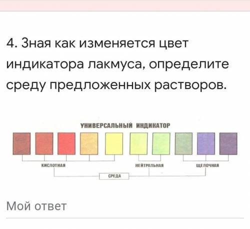 Зная как изменяется цвет индикатора лакмуса, определите среду предложенных растворов.