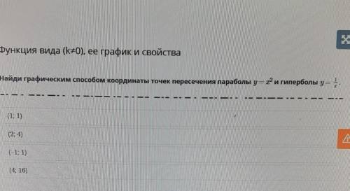 Найди графическим координаты точек пересечения параболы у=х^2 и гиперболы к=1/х