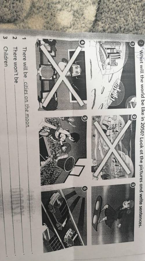 What will the world be like in 2050? Look at the pictures and write sentences