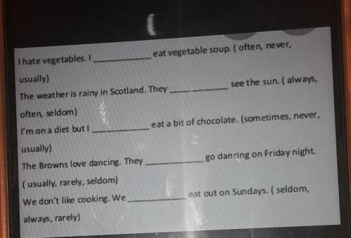 I hate vegetables. I eat vegetable soup. ( often, never,usually)The weather is rainy in Scotland. Th
