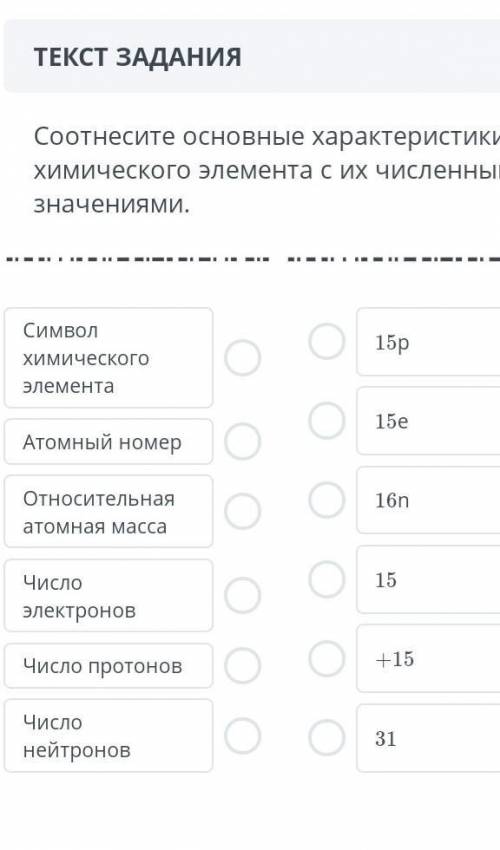 Соотнесите основные характеристики химического элемента с их числиными значениями