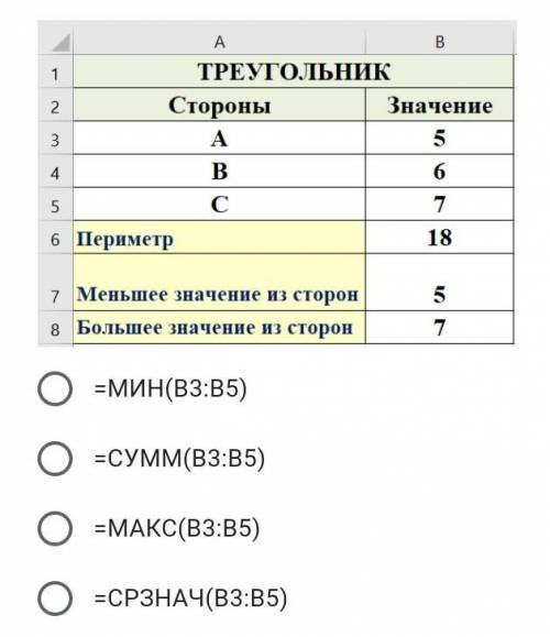 Какая формула находится в ячейке В2? *=МИН(В3:В5)=СУММ(В3:В5)=МАКС(В3:В5)=СРЗНАЧ(В3:В5)
