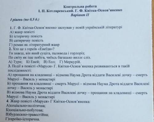 Контрольна з літератури 9 клас 