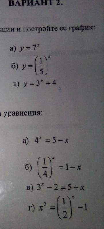 №1 A)y=7^xБ)y=(1/5)^xB)y=3^x+4№2A)4^x=5-xБ)(1/4)^x=1-xВ)3^x-2=5+xГ)x^2=(1/2)^x-1