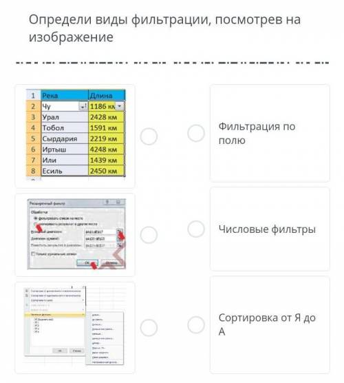 Определи виды фильтрации, посмотрев на изображение​