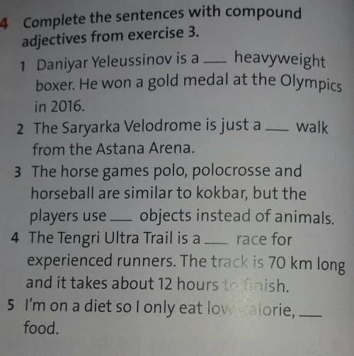 4 Complete the sentences with compound adjectives from exercise 3.Daniyar Yeleussinov is a — heavywe