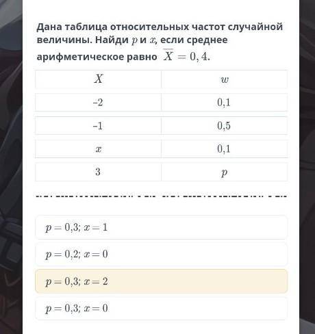 Урок 3 Дана таблица относительных частот случайной величины. Найди p и x, если среднее арифметическо