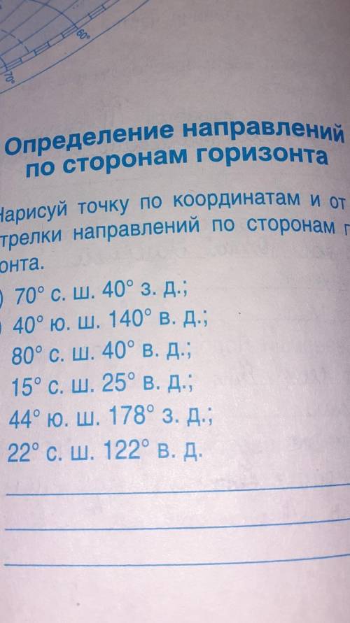 Нарисуй точку по координатам и от неё стрелки направлений по сторонам горизонта 