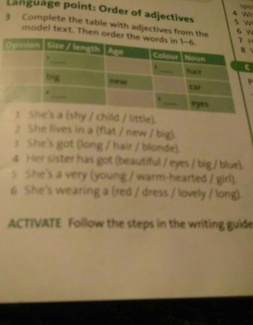 Complete the table with adjectives from rhe model text. Then order the words in 1-6.