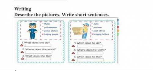 Writing Describe the pictures. Write short sentences.Melekpolice womenpolice stationhelping peopleWh