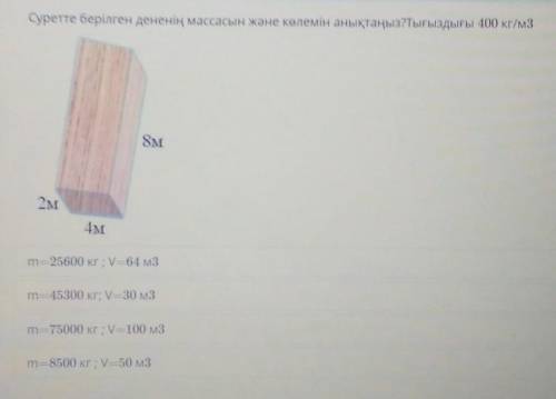 Суретте берілген дененің массасын және көлемін анықтаңыз?Тығыздығы 400кг/м3