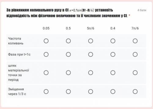 SOS! За рівнянням коливального руху в СІ x=0,1sin(пt-п/6) установіть відповідність між фізичною вели
