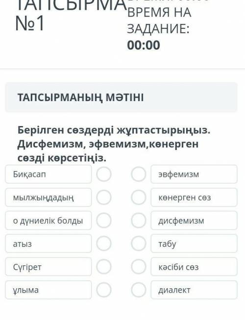 Берілген сөздерді жұптастырыңыз. Дисфемизм, эфвемизм, көнерген сөзді көрсетініз ТЖБ