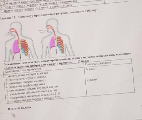 Установите соответствие между процессами дыхания и их характеристиками, выпишите соответстующие цифр