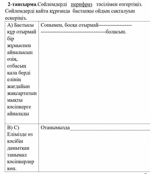 Сөйлемдерді перифраз тәсілімен өзгертіңіз. Сөйлемдерді қайта құрғанда бастапқы ойдың сақталуын