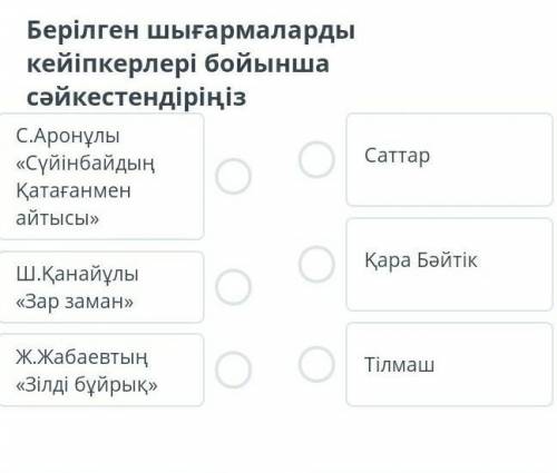 Берілген шығармаларды кейіпкерлері бойынша сәйкестендіріңіз.