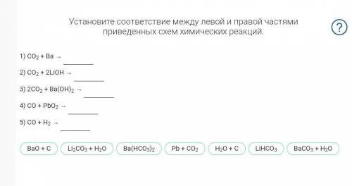 Установите соответствие между левой и правой частями приведенных схем химических реакций. 1) CO2 + B