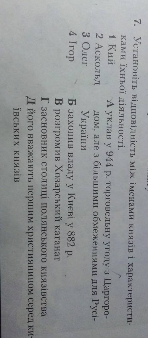 7. Установіть відповідність між іменами Князів і характеристи-ками їхньої діяльності.