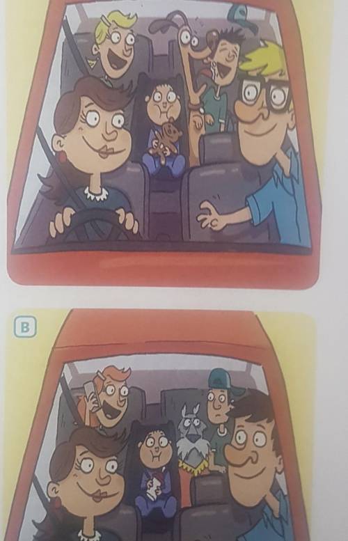 Look at the two pictures of a family and find eight differences. Write the differences usingaffirmat