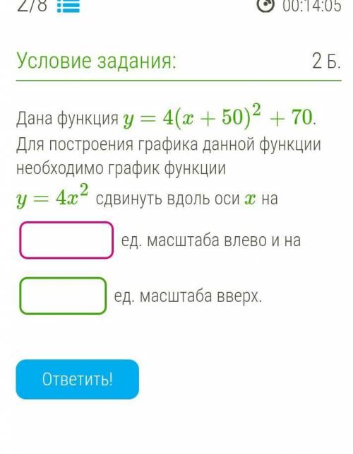 Дана функция y=4(x+50)2+70. Для построения графика данной функции необходимо график функции y=4x2 сд