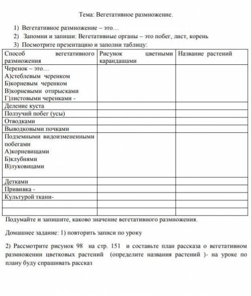 с таблицей, с Вегетативное размножение 