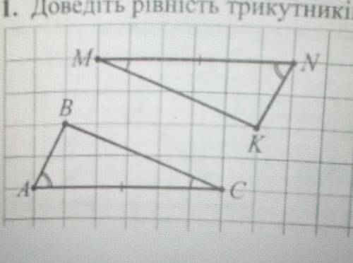 РІВНОСТІ ТРИКУТНИКІВ1. Доведіть рівність трикутників ABC i NKM, зображених на рисунку.