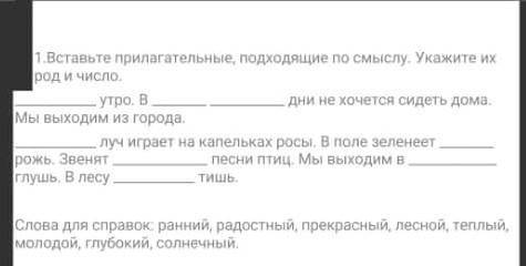 Вставьте прилагательные подходящие по смыслу укажите их род и число