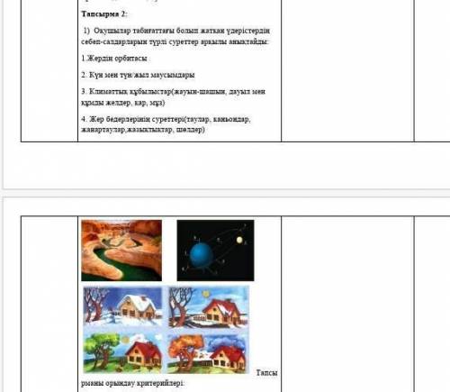 1) Оқушылар табиғаттағы болып жатқан үдерістердің себеп-салдарларын түрлі суреттер арқылы анықтайд