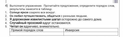 Прочитайте предложения, определите порядок слов, результаты занесите в таблицу.