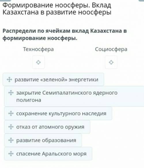 Распредели по ячейкам вклад Казахстана в формирование ноосферы.ТехносфераСоциосфера
