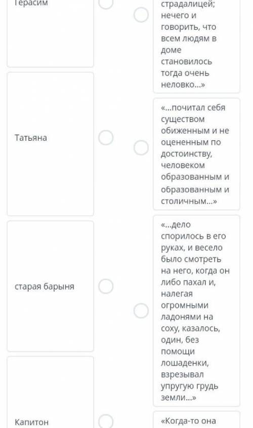 Анализ эпизодов и характеристика героев рассказа И.С. Тургенева «Муму». Соотнеси персонажа и характе