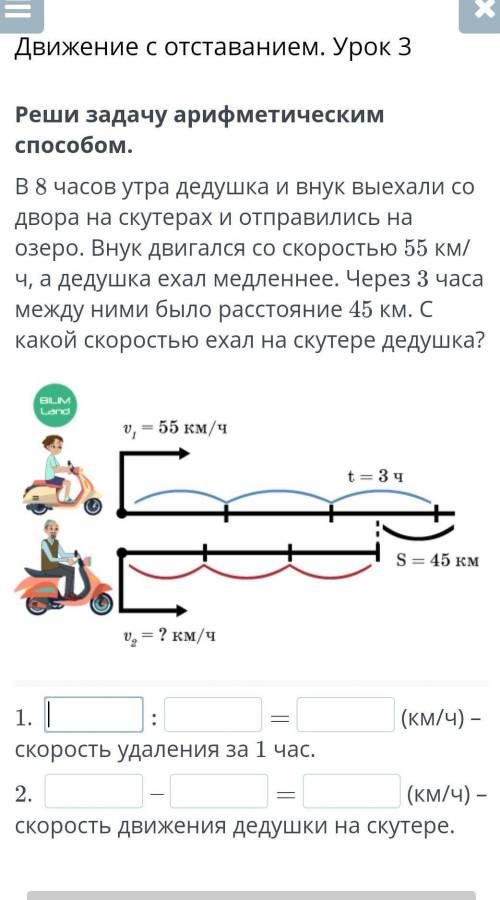 В 8 часов утра дедушка и внук выехали со двора на скутерах и отправились на озеро. Внук двигался со