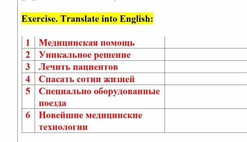 Exercise. Translate into English: 1 Медицинская 2 Уникальное решение 3 Лечить пациентов сотни жизне