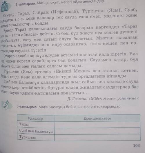 103 - бет 3- тапсырмаМәтін мазмұны бойынша кестені толтырыңдар. 