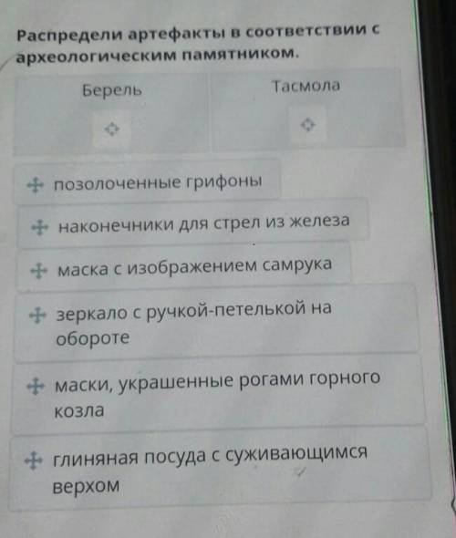 Распредели артефакты в соответствии с археологическим памятником Берель , Тасмола 