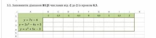 Заповнити діапазон B1:J1 числами від -2 до 2 із кроком очень на листочку написать♥️♥️