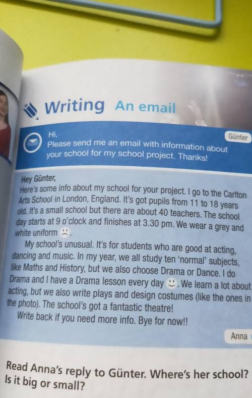 1 Read Anna's reply to Günter. Where's her school?Is it big or small?