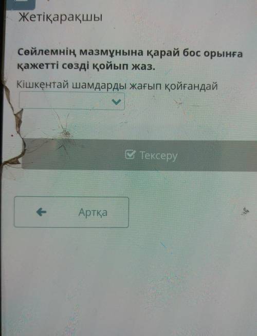 Жетіқарақшы Сөйлемнің мазмұнына қарай бос орынғақажетті сөзді қойып жаз.Кішкентай шамдарды жағып қой