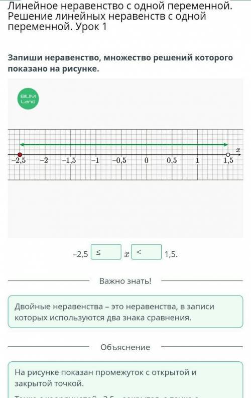Запиши неравенство, множество решений которого показано на рисунке. –2,5x1,5.НазадПроверитьну как т