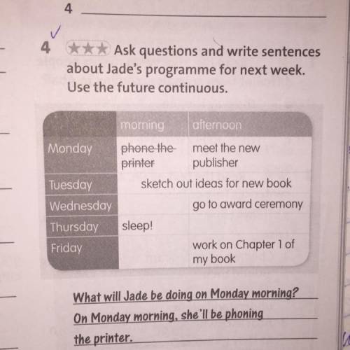Ask questions and write sentences about Jade's programme for next week. use the future continuous.