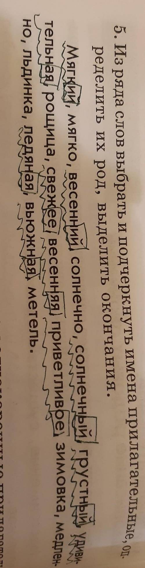 Из ряда слов выбери и подчеркни имена прилагательные, определите их род