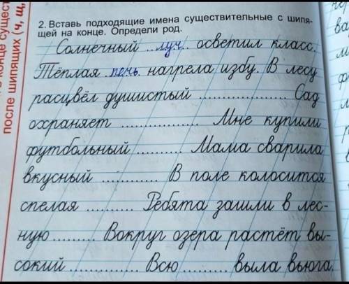 Вставь подходящие имена существительные с шипя-щей на конце. Определи род.
