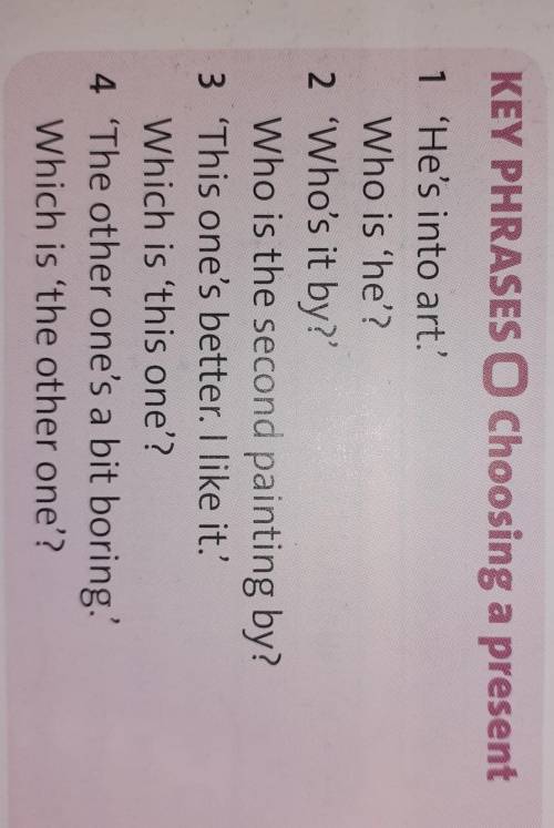 Listen to the key phrases. Then answer the questions. 1 'He's intro art.'Who is 'he'?2 'Who's it by?