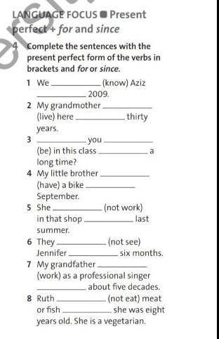 Complete the sentences with the Present perfect form of the verbs in brackets for or since