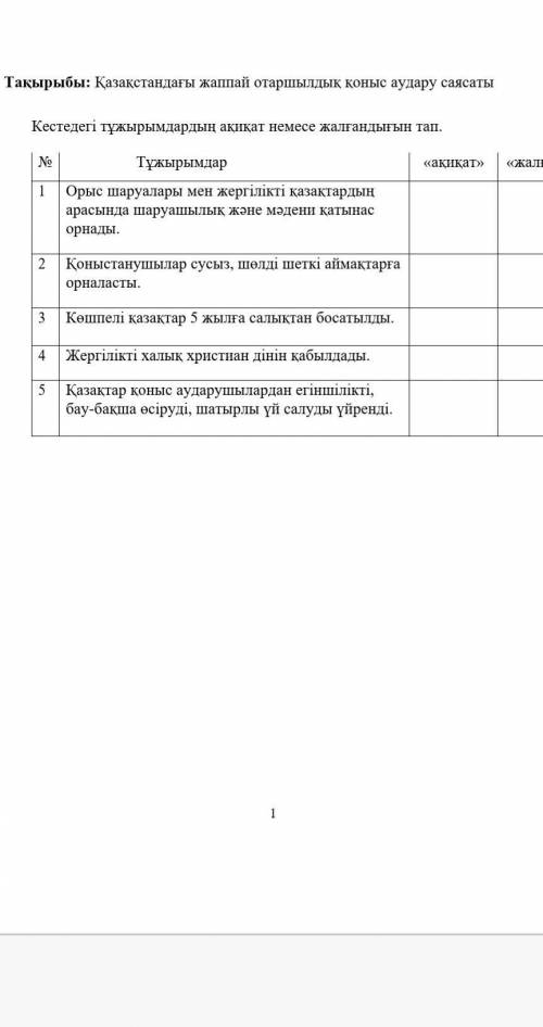Қазақстандағы жаппай отаршылдық қоныс аудару саясаты Кестедегі тұжырымдардың ақиқат немесе жалғанд